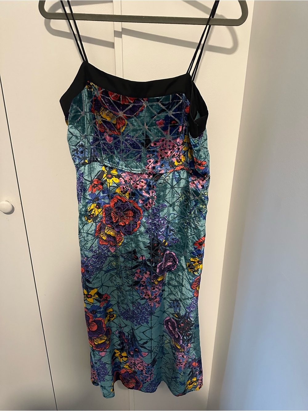 Floral Satin Slip Dress with Black Trim - Teal Multi